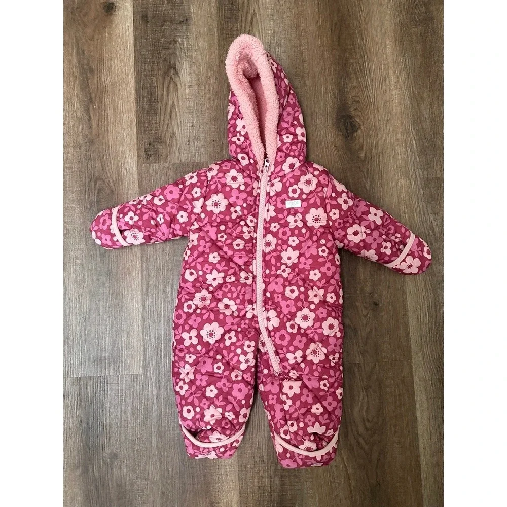 OshKosh Bgosh Pink Floral Hooded Snowsuit Bunting 3/6M Sherpa Lined Winter Suit